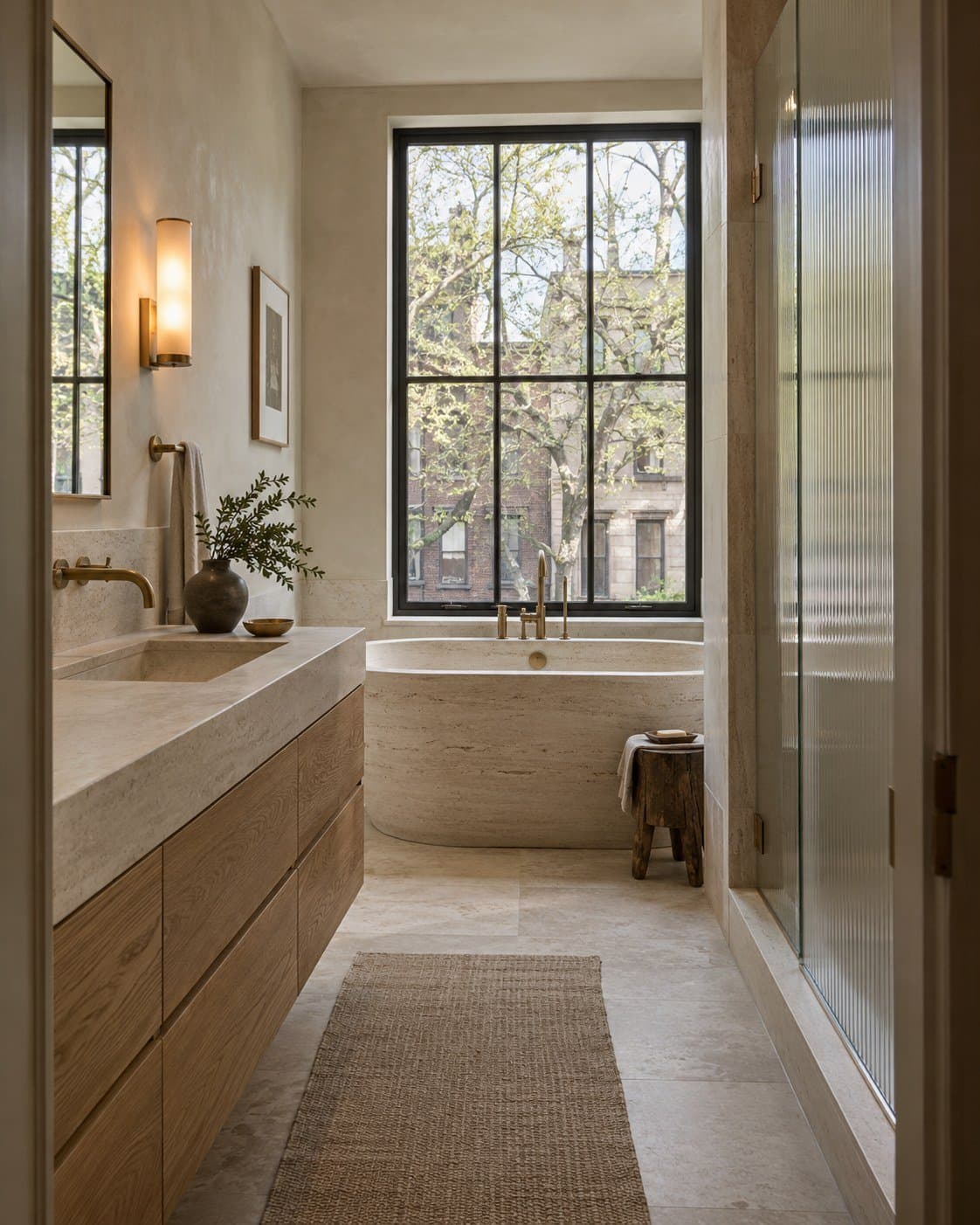 Narrow bathroom with a travertine soaking tub under a steel window, a floating oak vanity and a reeded glass shower