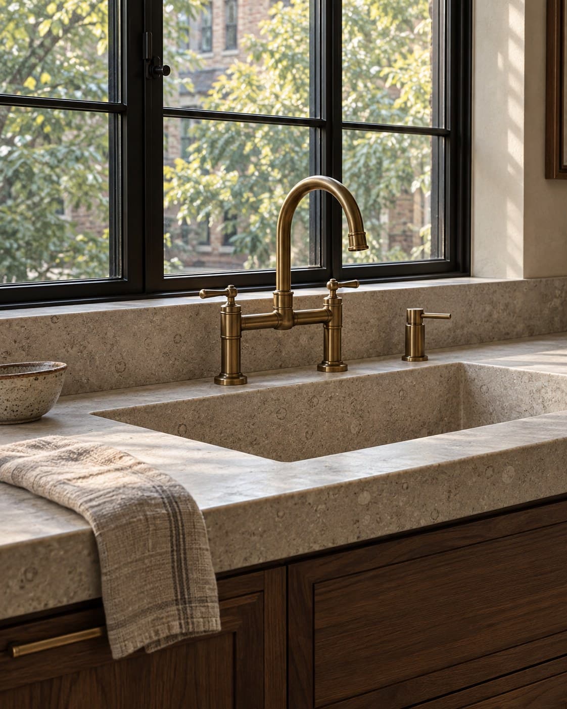 Unlacquered brass bridge faucet over an integrated limestone sink in front of a black steel window