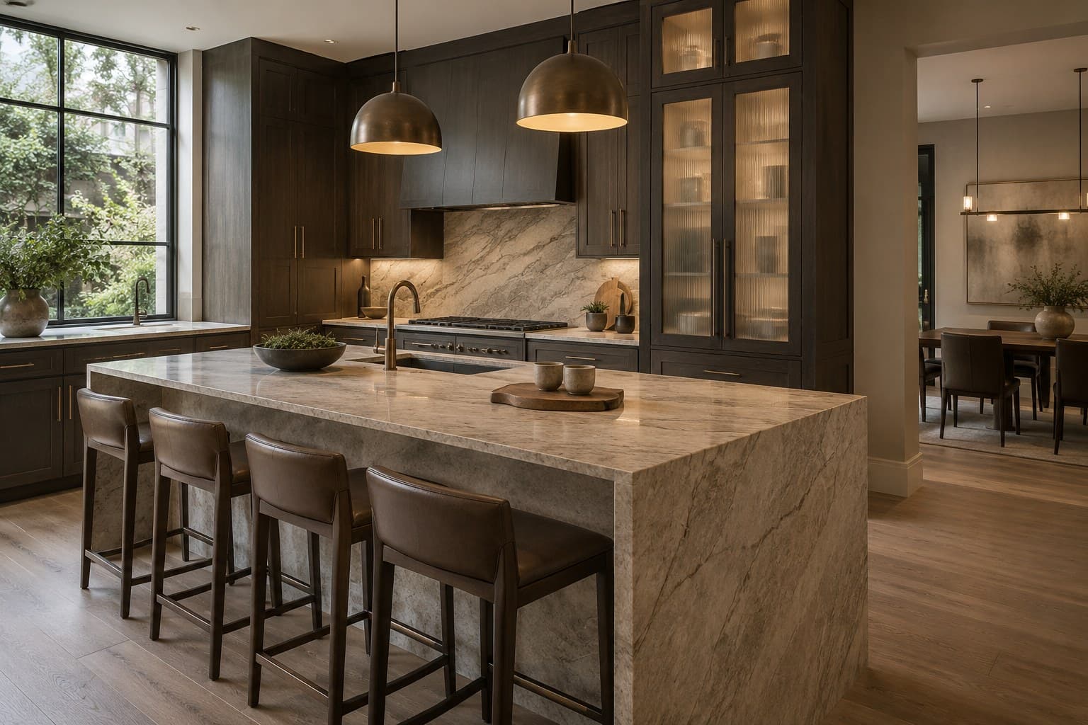 Kitchen with dark stained cabinetry, a quartzite waterfall island, leather stools and brass dome pendants
