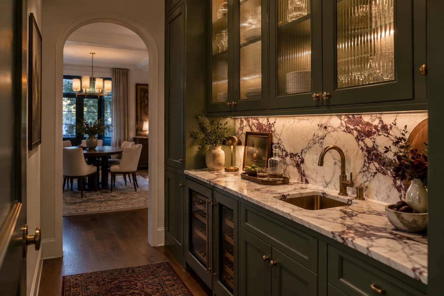 Butler’s pantry with deep green cabinetry, reeded glass uppers lit from within, a viola marble backsplash and a brass faucet