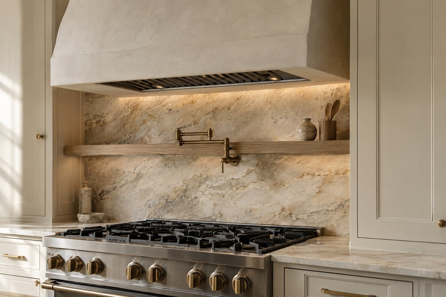 Professional range beneath a plaster hood with a full-height marble backsplash, an oak shelf and a brass pot filler