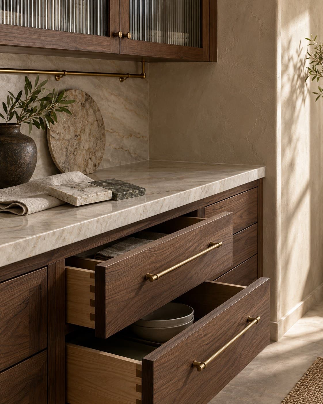 Two walnut drawers pulled open showing dovetailed oak boxes, brass bar pulls and a quartzite countertop
