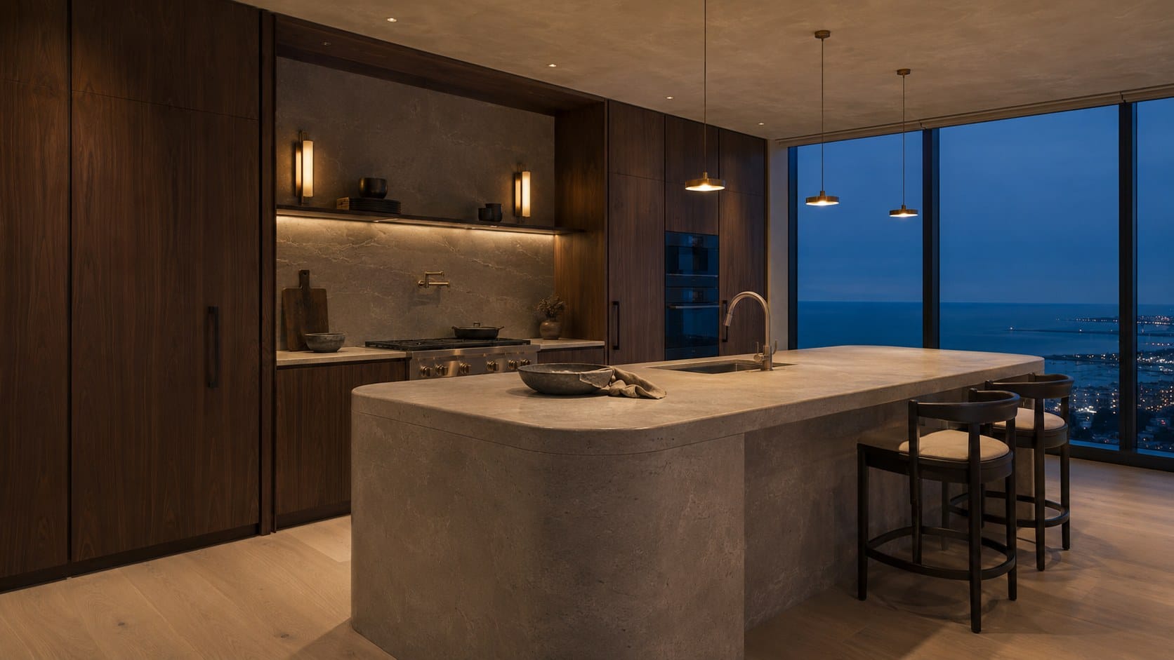 Walnut kitchen at dusk with a rounded stone island and floor-to-ceiling windows looking over Lake Michigan and the city shoreline
