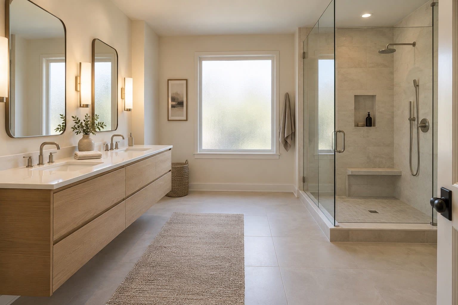 Bathroom with a floating white oak double vanity, two arched mirrors with sconces, a frosted window and a glass-enclosed tiled shower with a bench