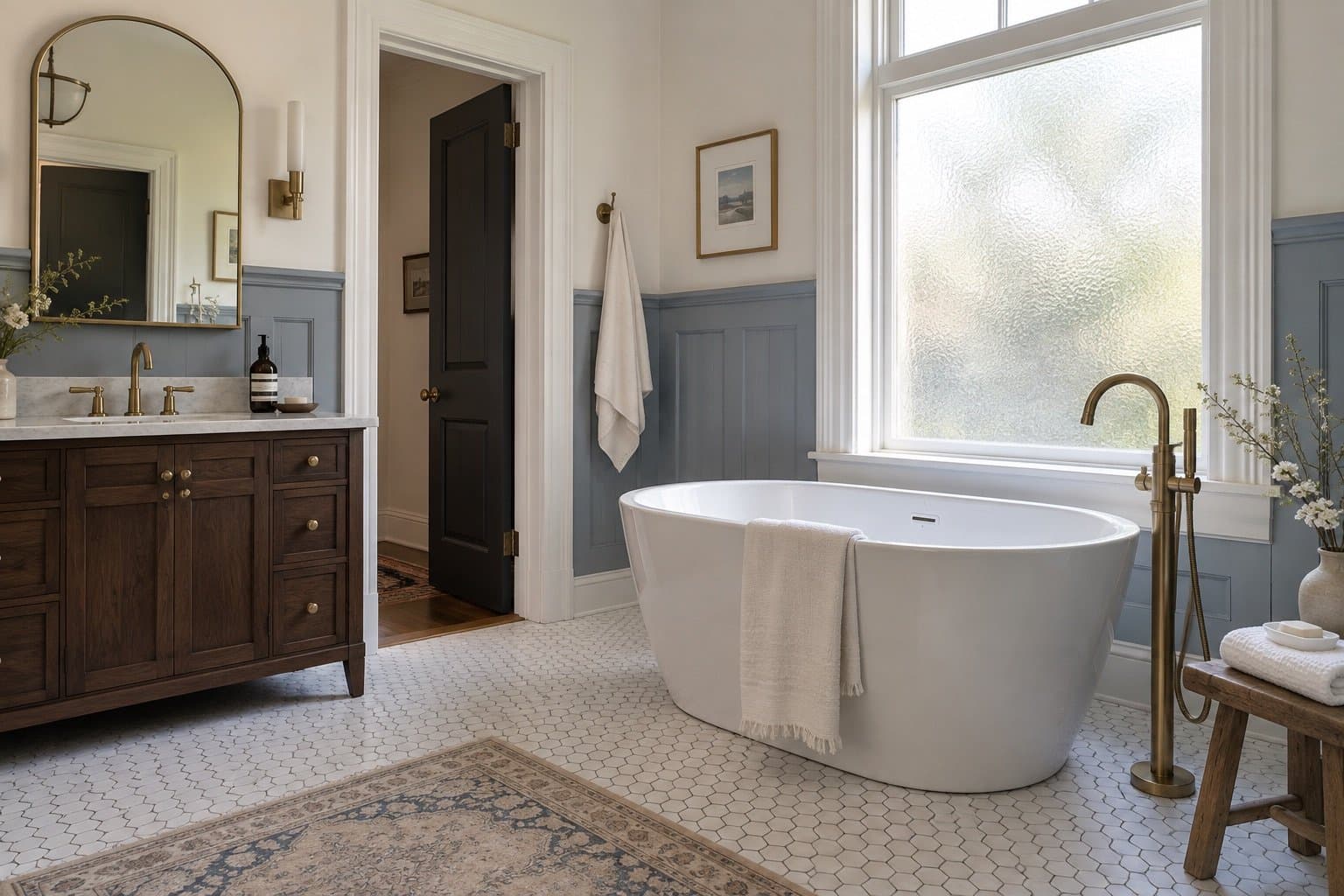 Primary bathroom with a freestanding tub and brass floor-mounted filler beneath a frosted window, blue-grey wainscoting, a walnut vanity and a hexagonal tile floor