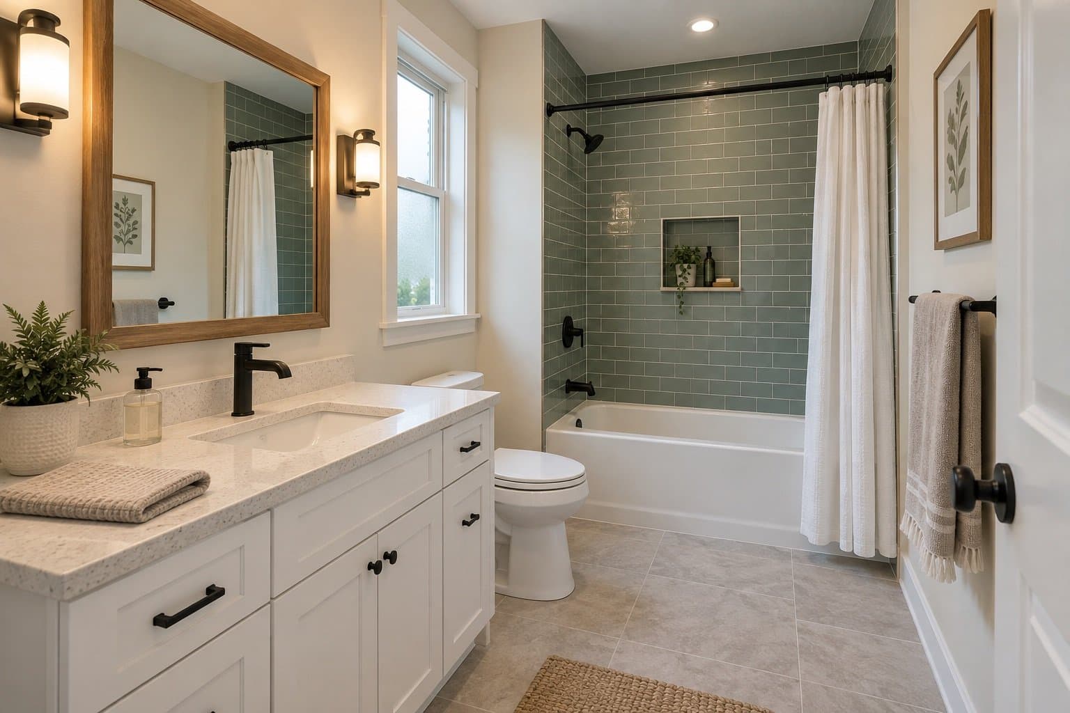 Baño con mueble de lavabo shaker blanco, cuarzo moteado, accesorios negros y tina con regadera en azulejo verde salvia