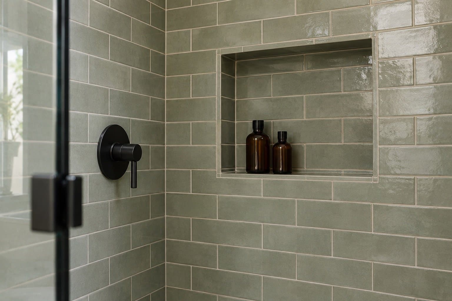 Shower wall of glossy sage green subway tile with a recessed niche holding two amber bottles and a matte black valve