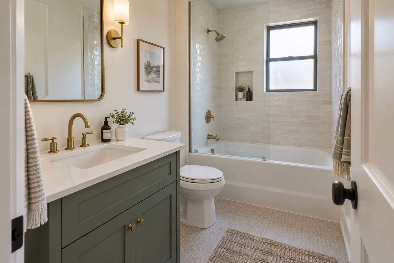 Hall bathroom with a sage green vanity, brass faucet and sconce, and a tub shower with glossy cream tile, a niche and a fixed glass panel