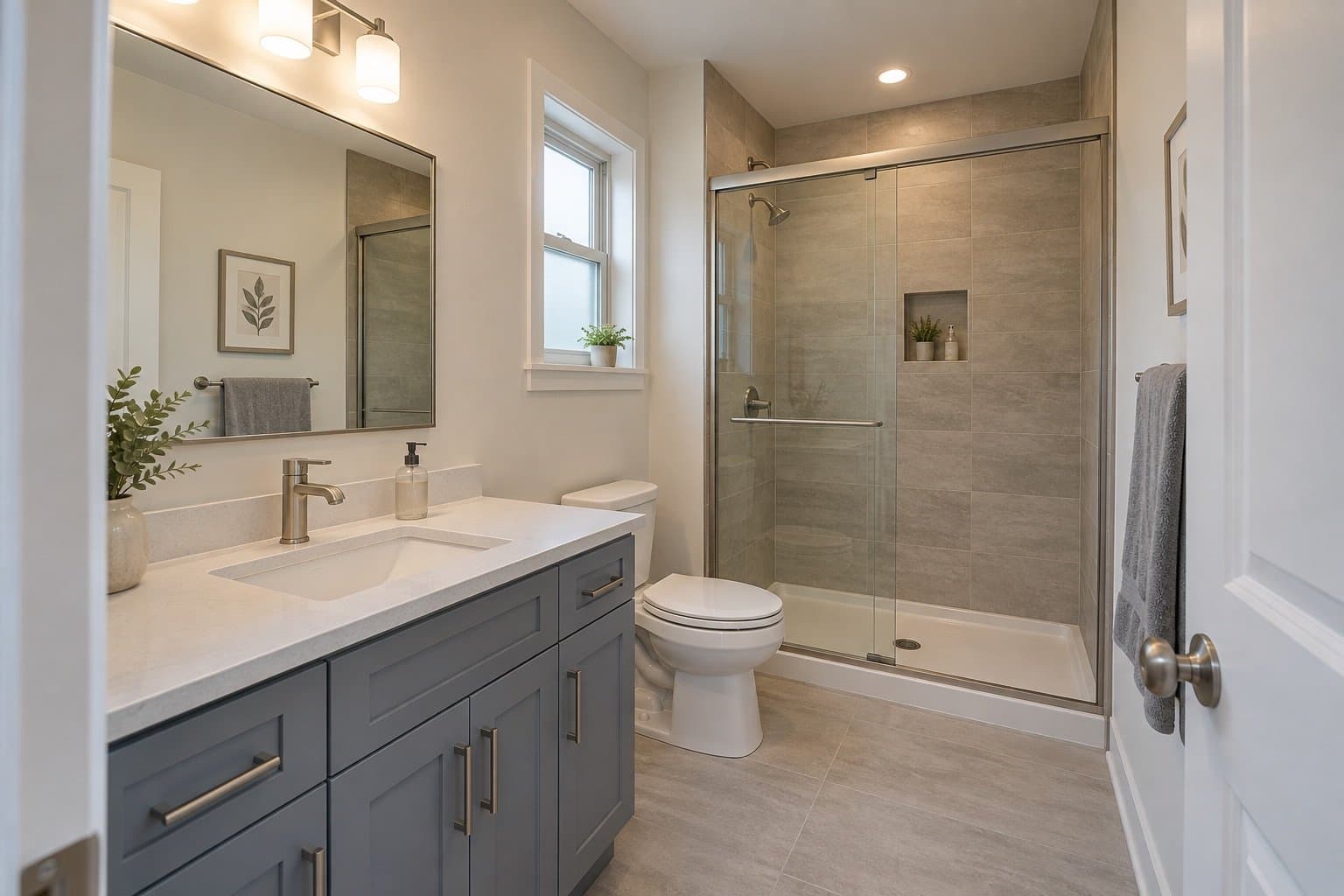 Compact bathroom with a slate grey vanity, quartz top, a small window and a walk-in shower with sliding glass doors and stone-look tile