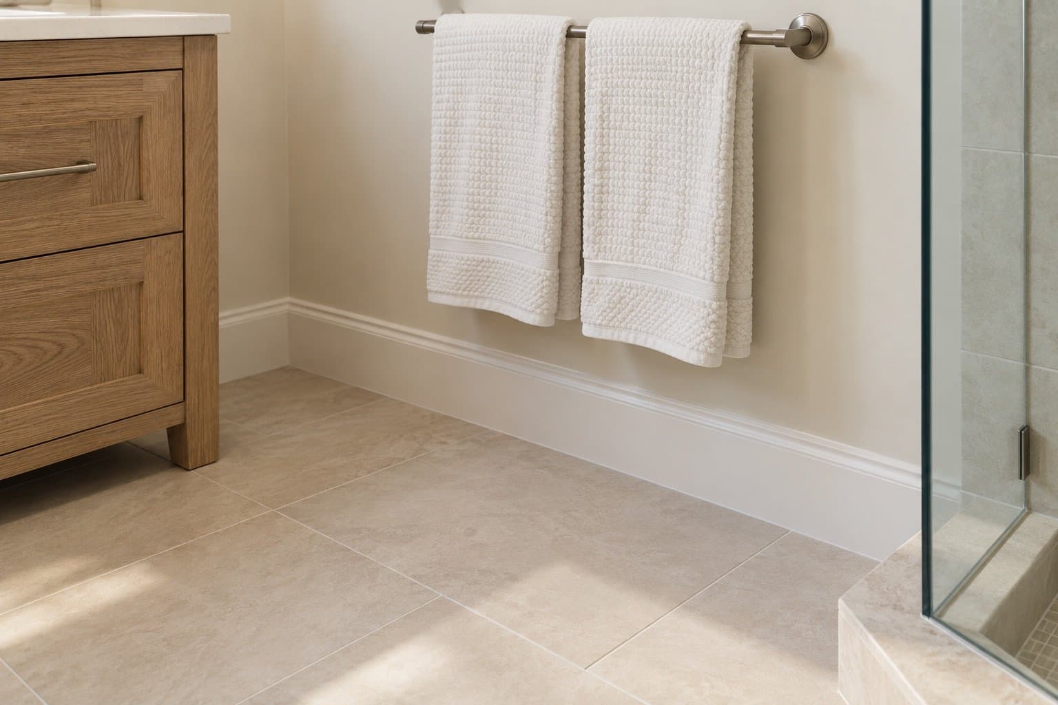 Large-format limestone-look floor tile meeting a painted baseboard, two white towels on a nickel bar and the edge of a glass shower enclosure