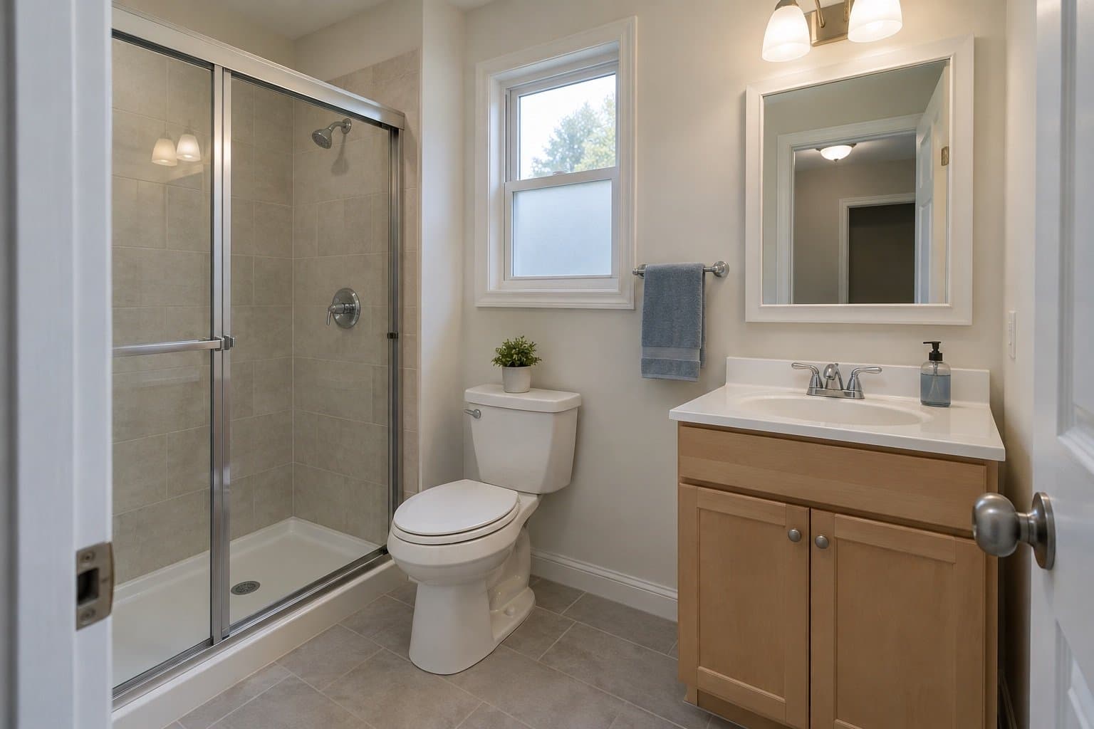 Compact bathroom with a maple vanity, a framed mirror, a small window and a corner shower with sliding glass doors and beige tile