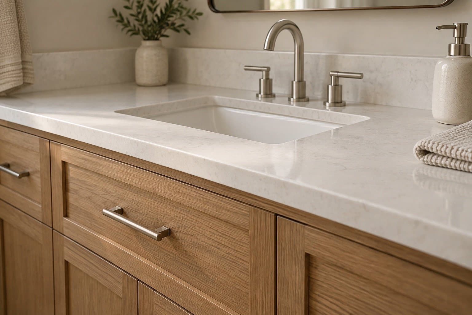 Close view of a white oak vanity with brushed nickel bar pulls, a quartz countertop and an undermount sink with a widespread faucet