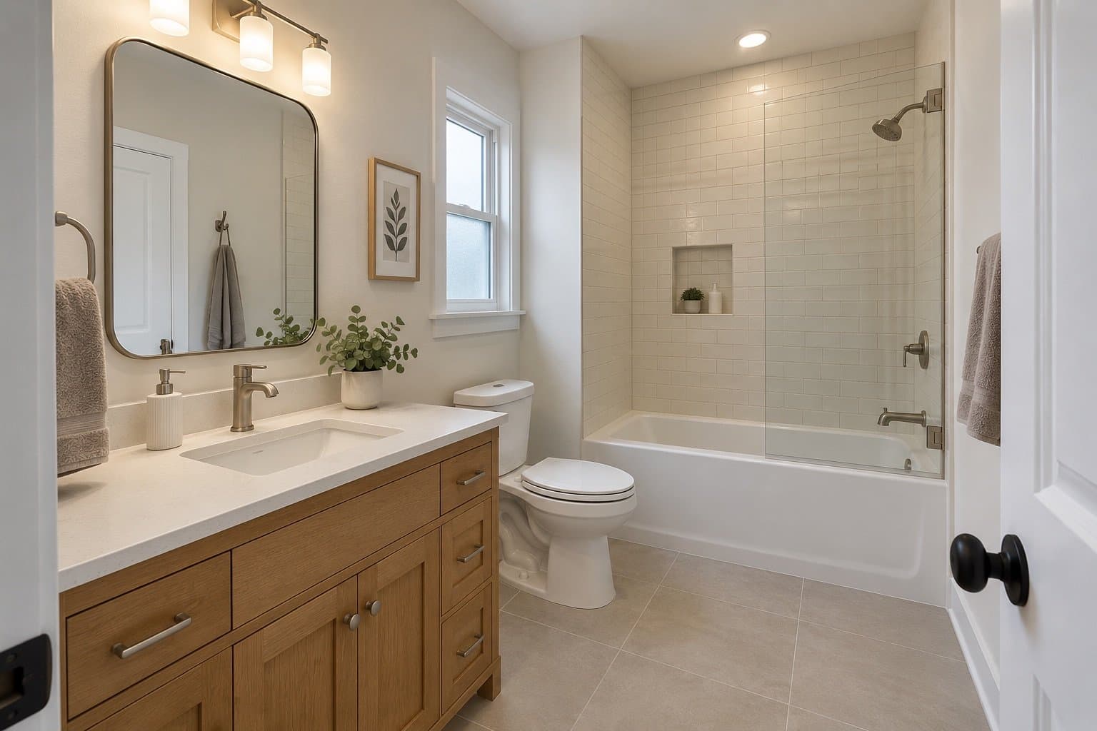 Baño con mueble de lavabo de roble blanco, espejo redondeado con marco de latón y tina con regadera en azulejo crema