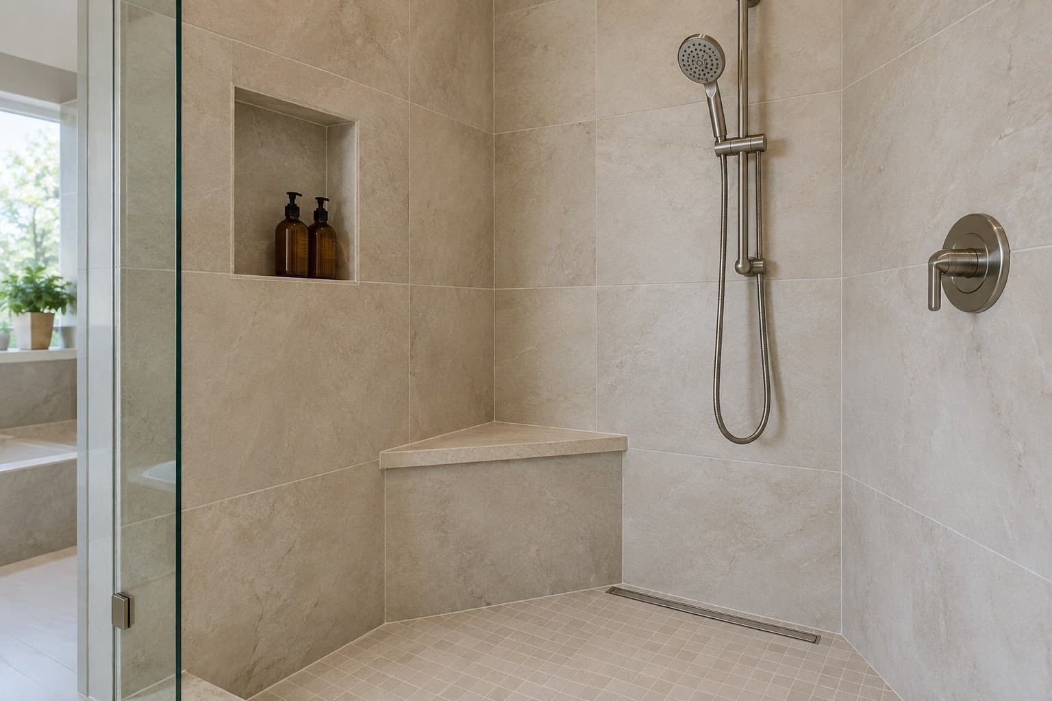 Walk-in shower with large-format stone-look tile, a corner bench, a recessed niche, a hand shower on a slide bar and a linear drain