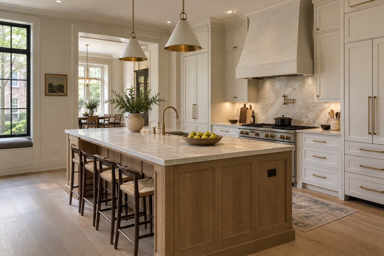 Bright kitchen with cream cabinetry, a white oak island, rush-seat stools and brass cone pendants beside a window seat