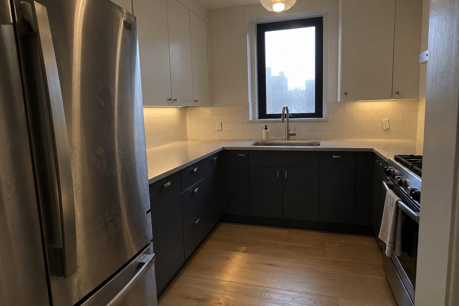 Compact kitchen with near black blue gray lower cabinets, warm white uppers, quartz counters, square ivory tile, a black framed window and stainless appliances