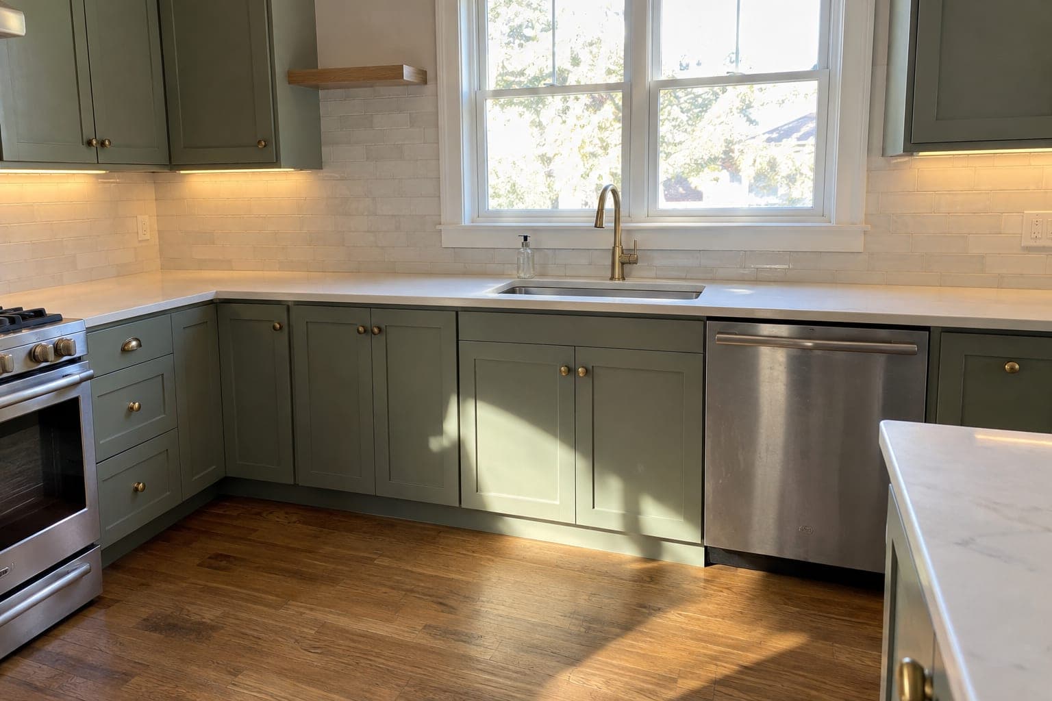 Sink wall of sage green Shaker cabinets with brass knobs, a brass faucet, white quartz counters, handmade cream tile and refinished oak flooring