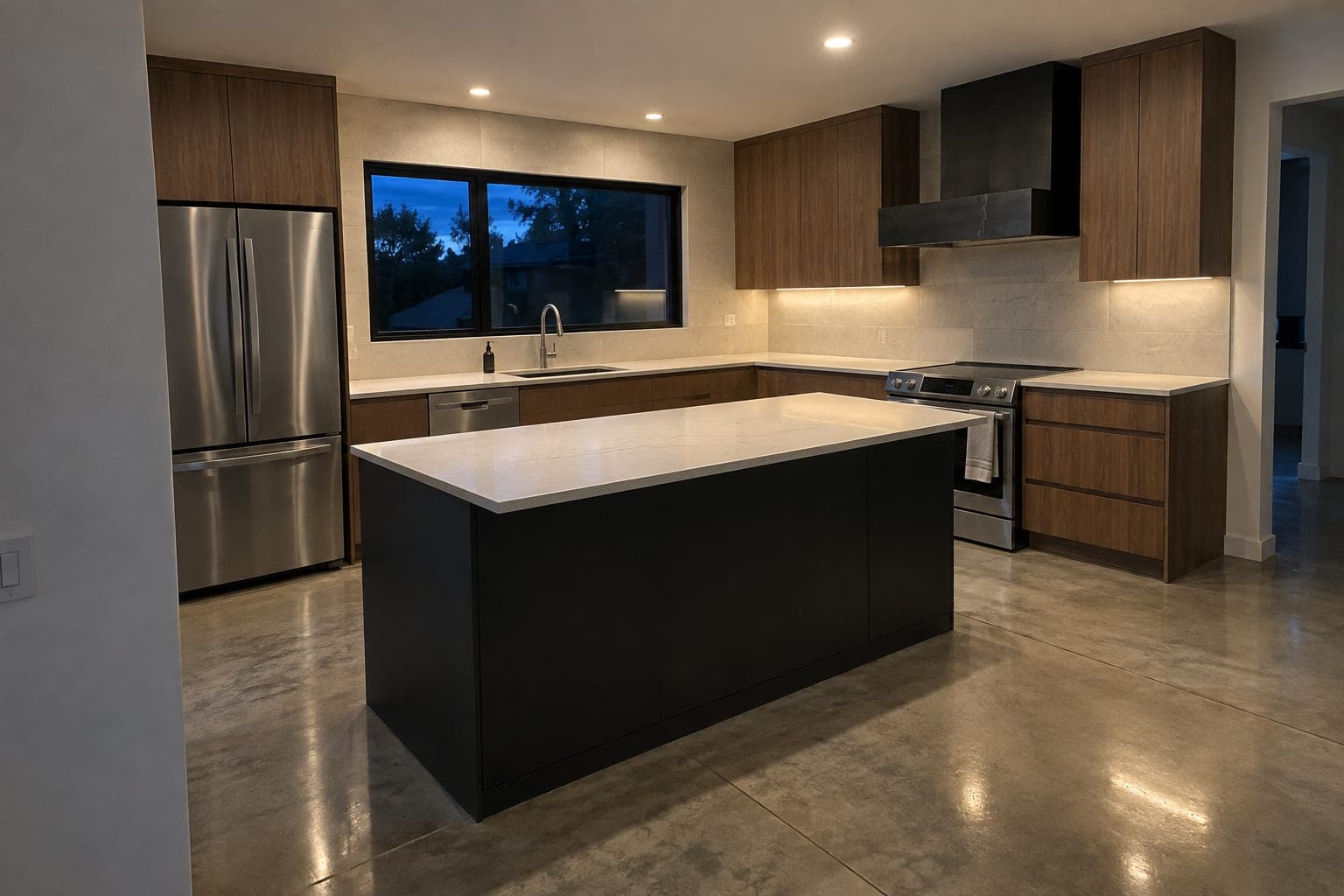 Contemporary kitchen with walnut flat-panel cabinets, a black island with white quartz, large stone backsplash panels, a black window and a polished concrete floor