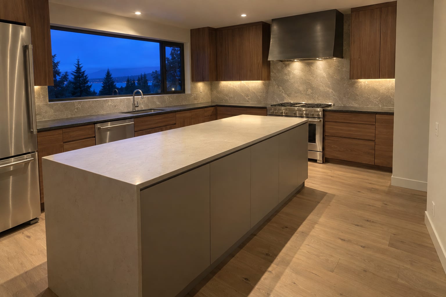 Contemporary kitchen at dusk with walnut slab cabinets, a long putty gray island with a pale waterfall counter, dark perimeter counters and a full height stone backsplash