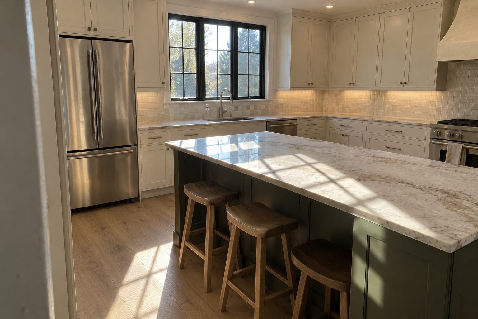 Kitchen with cream perimeter cabinets, a deep olive island with a veined quartzite top, three oak stools, black framed windows and light oak flooring