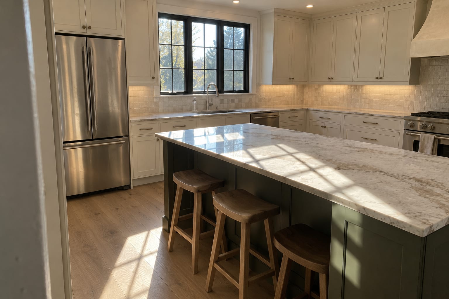Kitchen with cream perimeter cabinets, a deep olive island with a veined quartzite top, three oak stools, black framed windows and light oak flooring