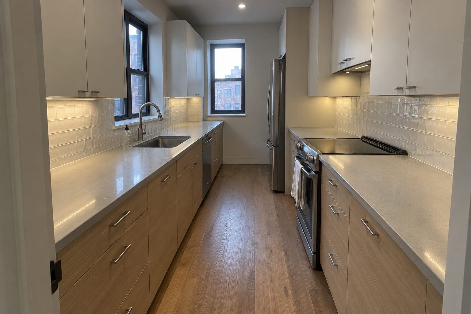 Narrow condo galley kitchen with white upper cabinets, white oak slab lower cabinets, pale quartz counters, glossy ivory tile and light oak flooring