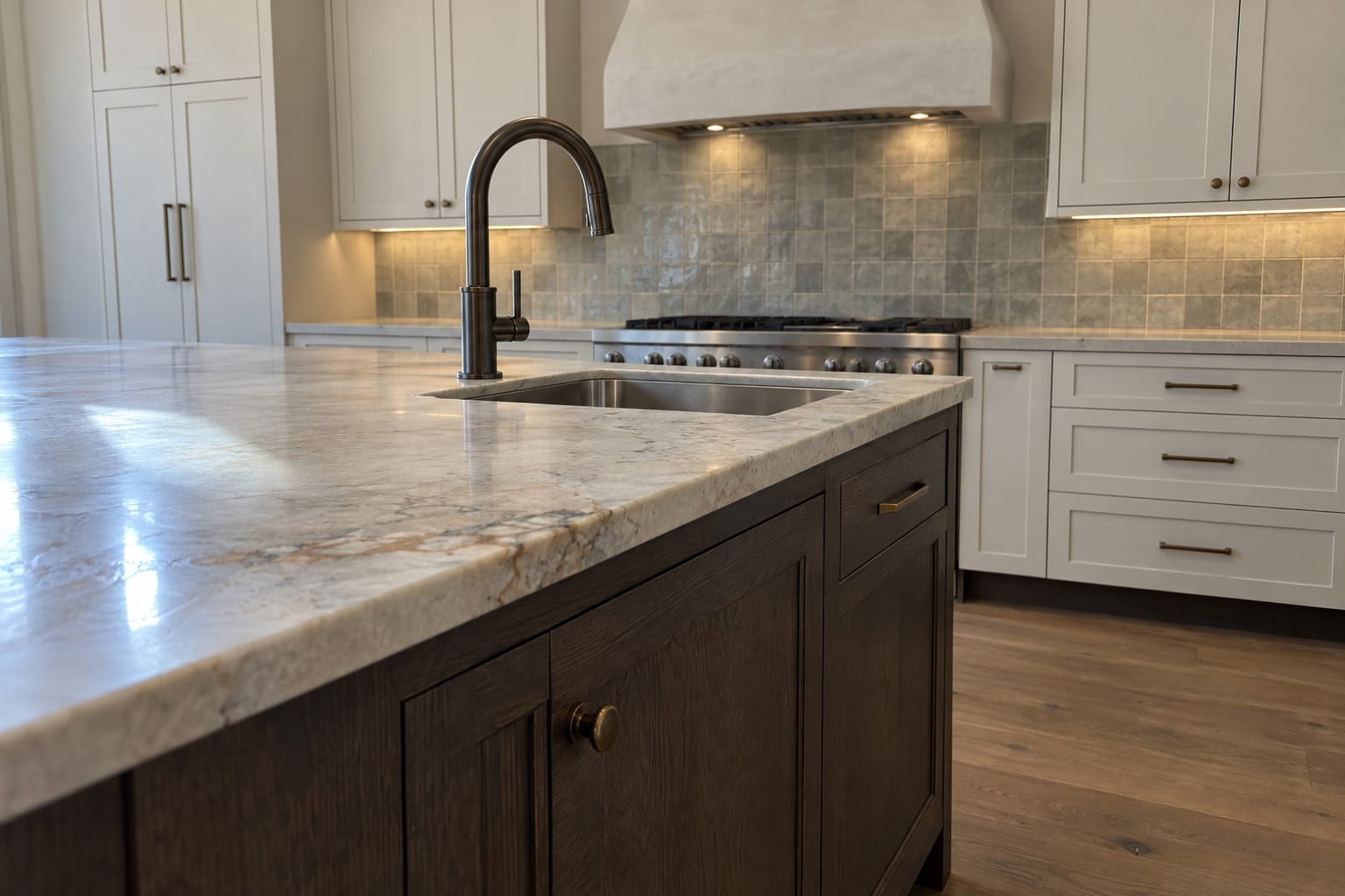 Close view of a smoked oak island with a prep sink and a quartzite top, bone white inset perimeter cabinets, gray green square tile and a plaster hood