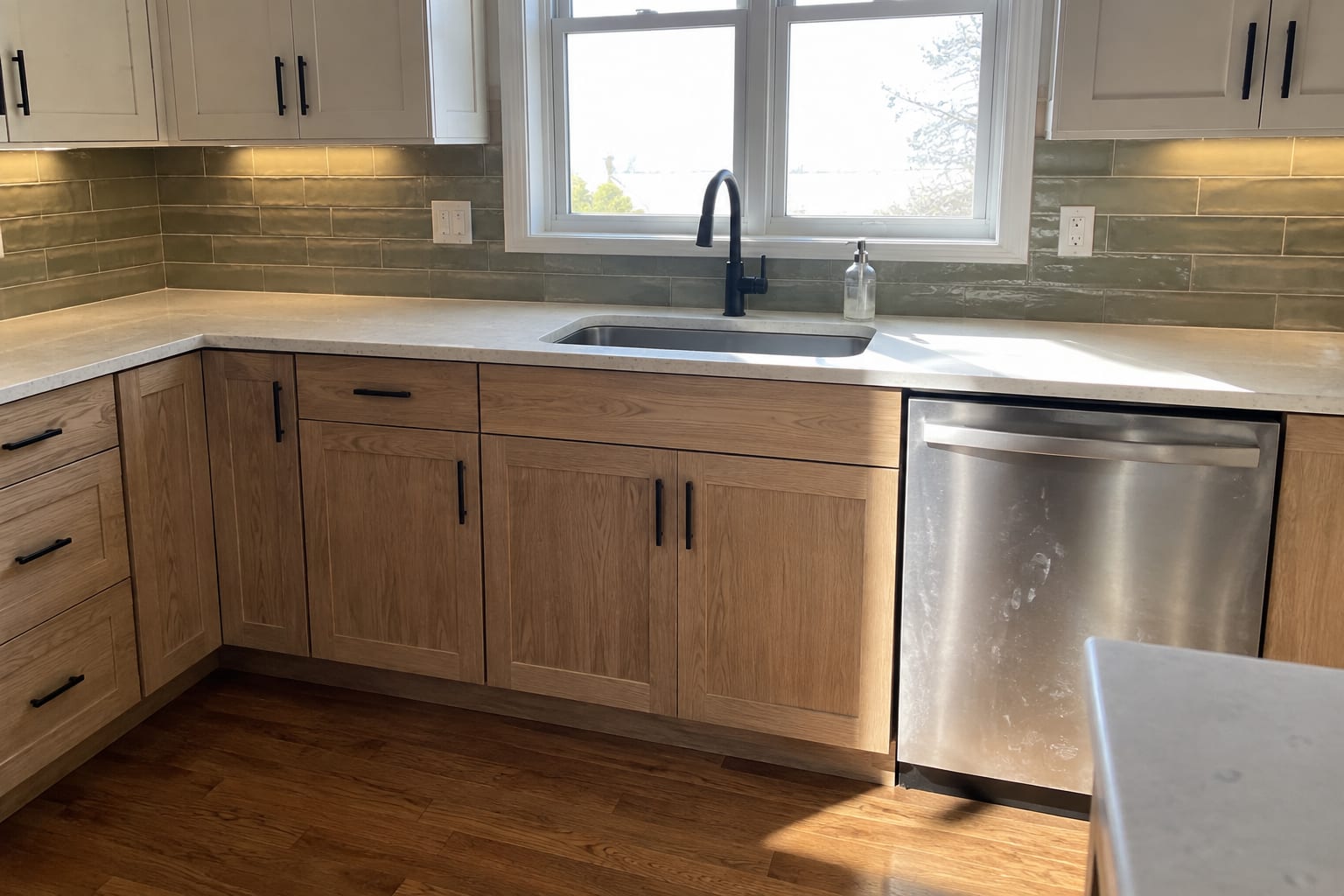 Sink wall with white oak lower cabinets, warm white uppers, quartz counters, olive ceramic tile, a black faucet, a stainless dishwasher and a refinished hardwood floor