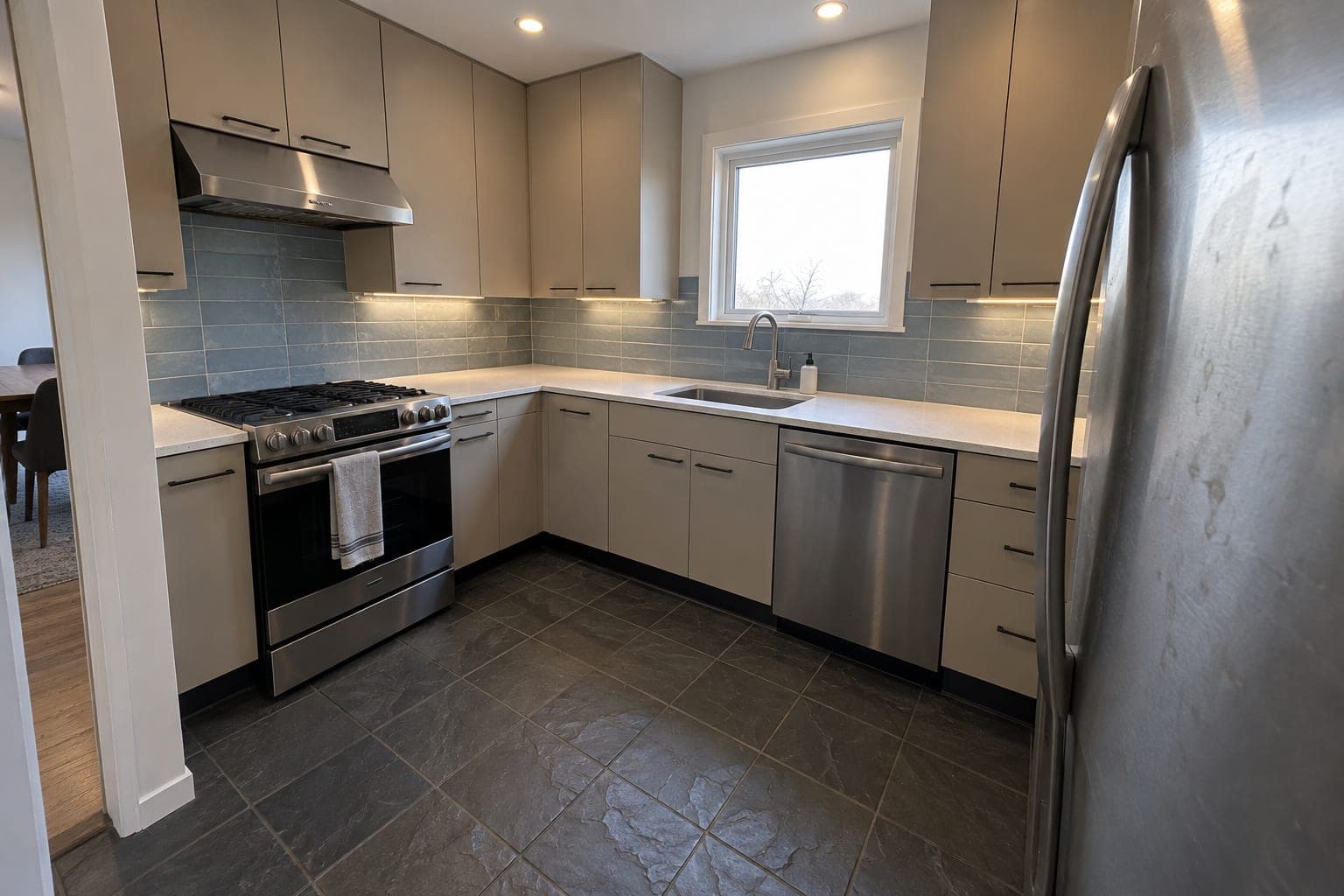 Compact U-shaped kitchen with beige flat-panel cabinets, a blue ceramic tile backsplash, white quartz counters, stainless appliances and a dark slate floor