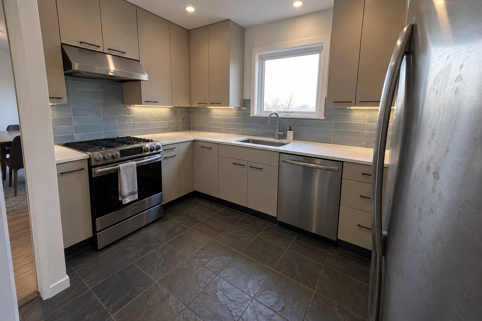 Compact U-shaped kitchen with beige flat-panel cabinets, a blue ceramic tile backsplash, white quartz counters, stainless appliances and a dark slate floor