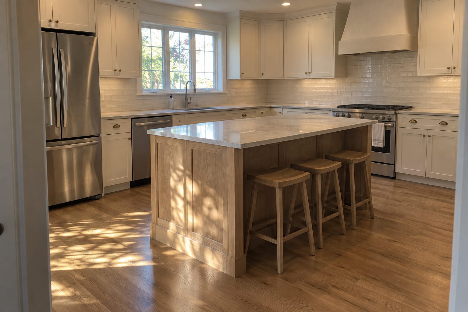 Transitional kitchen with warm ivory perimeter cabinets, a natural white oak island with three wood stools, quartzite counters, a plaster hood and a refinished oak floor
